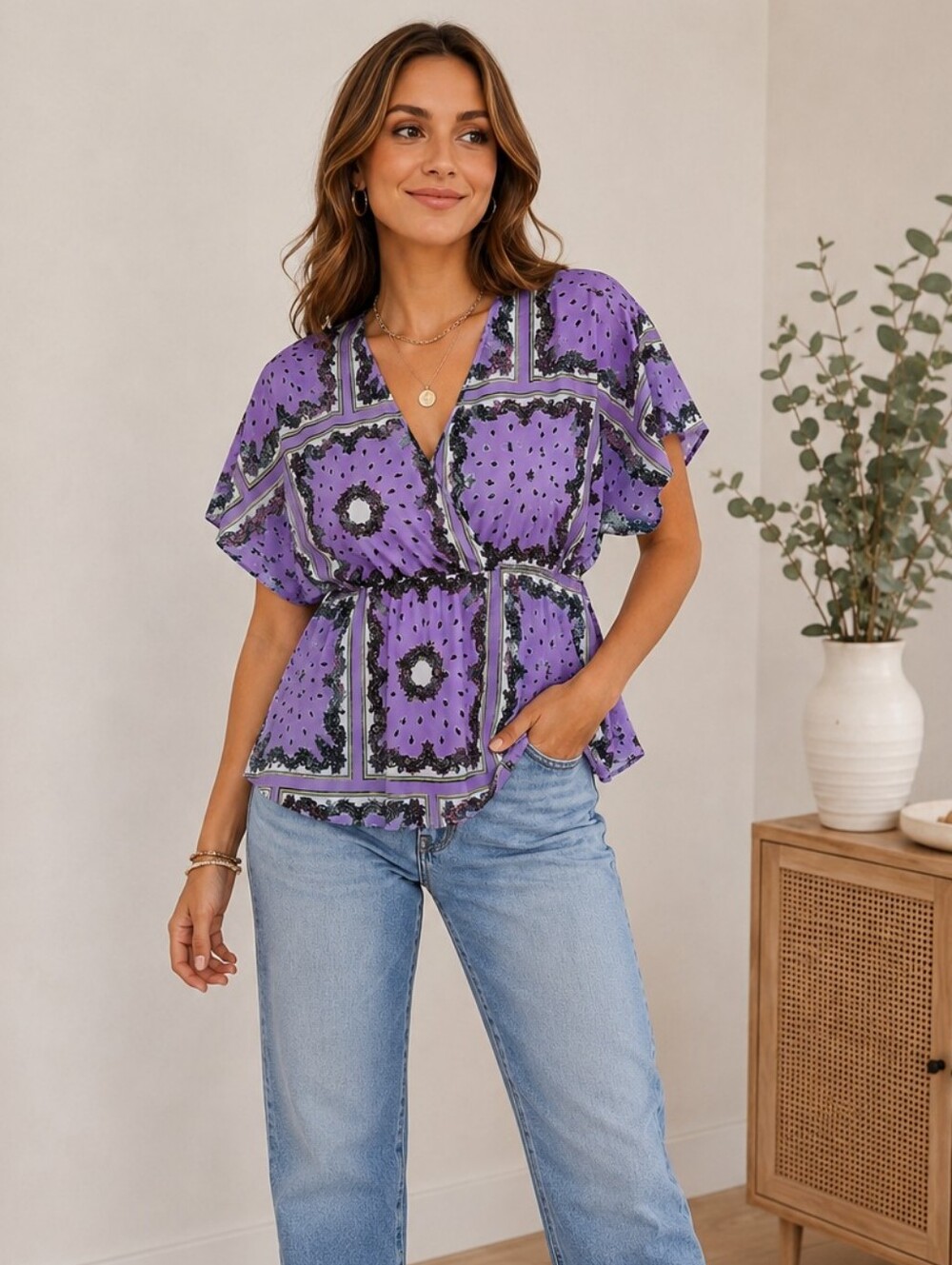 TOXIK3 Purple Paisley Surplice Peplum Blouse XL Boho Kimono Sleeve